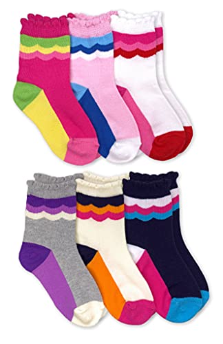 Jefferies Socks Girl's Scalloped Stripe Crew Novelty Socks 6 Pack, Multi, Small