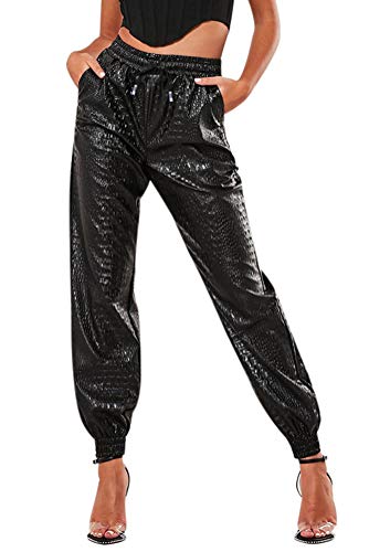 Hzikk Faux Crocodile Skin Print Women Pants Pencil High Waist Leather Long Trousers,Black,L #TOP6