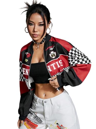 GORGLITTER Womens Cropped Varsity Jacket Zip Up 90s Outfits Bomber Jacket Y2k Graphic Motorcycle Coats F1 Racer Jackets Black and Red Large
