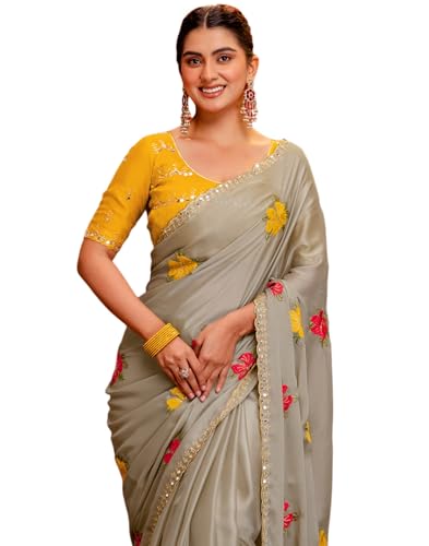 SIRIL Women's Embroidery, Mirror Work, Scalloped Border Shimmer G...