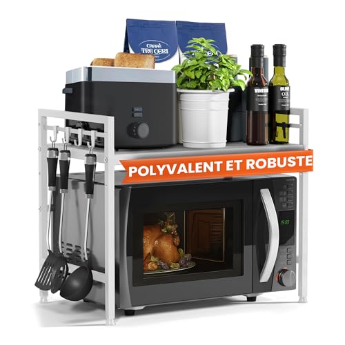 Heldenwunder Étagère Micro-Ondes Étagère de Cuisine en Acier (2 Niveaux) | Meuble Micro-Ondes Support Four | Rangement Cuisine Ajustable en Hauteur & Longueur + Vidéo de Montage, Crochets – Blanc