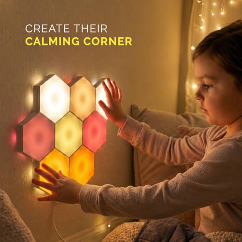 Image of Emberela HEXlights Sensory Lights for Kids - 7pk Touch Hexagon Lights, Remote Controlled - Autism-Friendly Tap Tap Wall LED Panels for Sensory Room - Table Stand Included