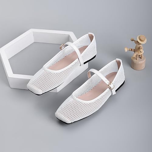 Womens Square Toe Mesh Ballet Flats Comfortable Casual Dressy Mary Jane Flat Low Heel Slip-on Shoes with Buckle Strap3