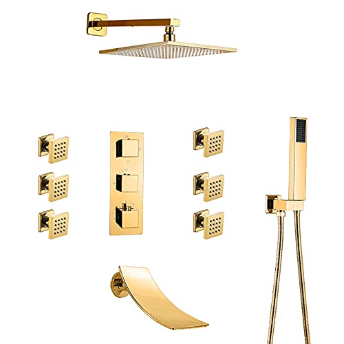 Système thermostatique en or pour douche de luxe encastrée avec jets de massage