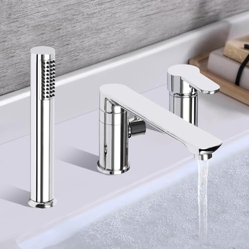 Robinet de baignoire en cuivre avec buse de sortie d'eau rotative à 360°, robinet de baignoire à 3 trous, avec douchette, mitigeur de baignoire, robinet mitigeur (argenté)