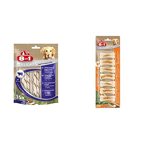 8in1 Delights Beef Twisted Sticks, gesunder Kausnack für Sensible Hunde, 35 Stück (190 g) & Delights Chicken Kauknochen Strong XS, extra stark für kräftig kauende sehr kleine Hunde, 7 Stück (140 g)