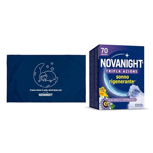 Novanight Tripla Azione Melatonina per Dormire, Integratori, Disturbi del Sonno - Senza Glutine, con Melatonina, Escolzia, Passiflora, Melissa, Non Induce Dipendenza (Edizione Limitata 70 Cpr+Federa)