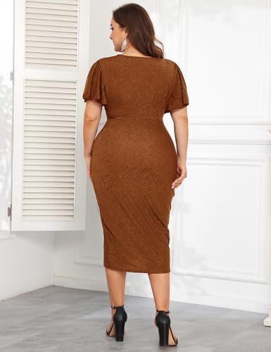 Image of ZOMVA Plus Size 0X-4X Sparkly Glitter Ruched Bodycon Midi Dress Sparkle Sequin Wrap Ruffle Sleeve Dress Cocktail Party Formal
