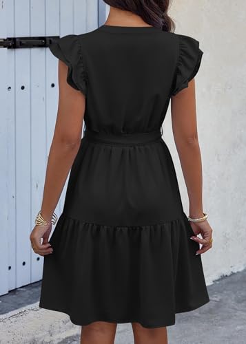 KIRUNDO Women Flutter Sleeve Summer Dress 2025 Spring V Neck Ruffle Flowy Tiered Knee Length Belted Beach Vacation Sundress2