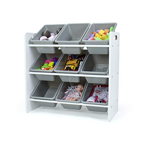 Image of Humble Crew 9-Bin Toy Organizer - Explorer Natural White /Grey Plastic Bins, 3-Tier Storage Solution for Kids' Playrooms and Nurseries