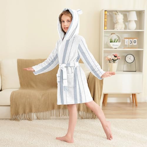 Stripe Blue White Kids Robes Girls Hooded Bathrobe For Girls3
