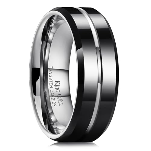 Image of King Will Tungsten Carbide Wedding Band for Men Women-6 /8 /10mm Width Multicolor Available with Grooved Center Wedding Ring Suitable for Work, Gym Comfort Fit Size 4-16
