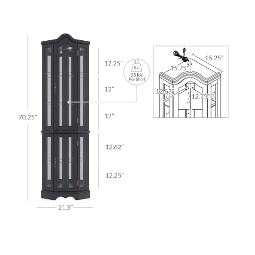 Image of BELLEZE Lighted 3-Side Glass Display Curio Cabinet w /Tempered Glass Doors and Shelves, Curved Wood Corner Cabinet with Bulb, Corner Storage Rack for Living Room and Kitchen (Black)