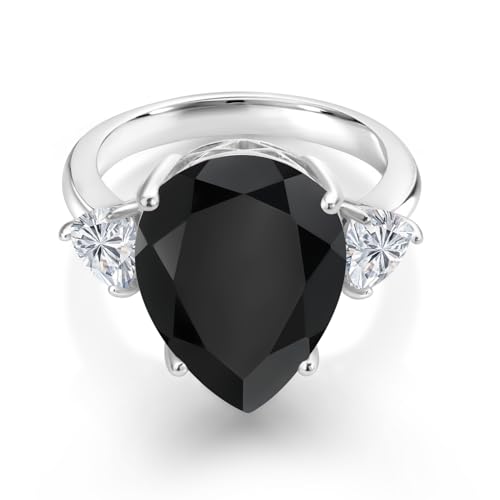 Gem Stone King 925 Sterling Silver Black Onyx and Lab Grown Diamond Engagement Ring For Women | 8.11 Cttw | Pear Shape 16X12MM and Trillion 5MM | Gemstone Birthstone | Available in Size 5,6,7,8,92