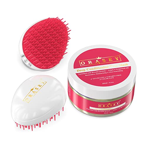 Orasey Haarmaske | Keratin HAARKUR zur Shiny Hair mit 4 Wirkstoffe in Ein Extrakt: Keratin +Arganöl +Leinöl +Traibenkernöl | Silikonfrei 250ml (Vegan) +Kammbürste Cover