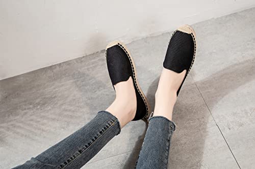 Image of Women's Classic Slip on Flat Shoes Casual Cap-Toe Platform Simple Espadrille Canvas Loafers Black Color Size 8.5