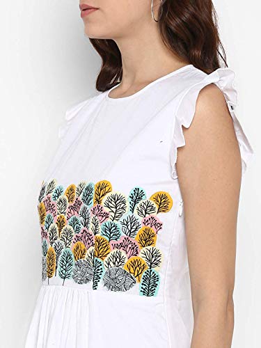 Image of DEEBACO White Front Embroidered Ruffle Dress Front Yoke Ruffle Detail at Upper Sleeveless Casual Round Neck Middi Dress