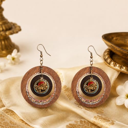 Image of Handcrafted Boho & Ethnic Earrings for Women - Wooden & Brass Statement Designs in Loop, Swing & Motif Styles