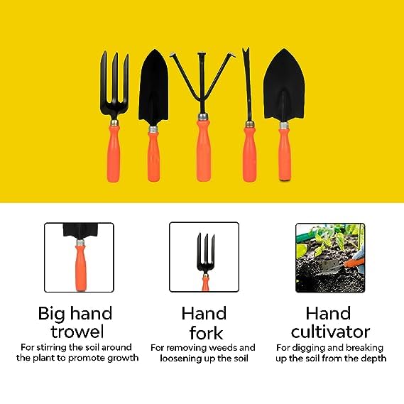 U.A. Crafts-5 Pieces Gardening Tools Set (Cultivator, Big and Small Trowel, Weeder, Fork) | Tools for Home Garden | Durable Plant Tool Kit | Farming Tools