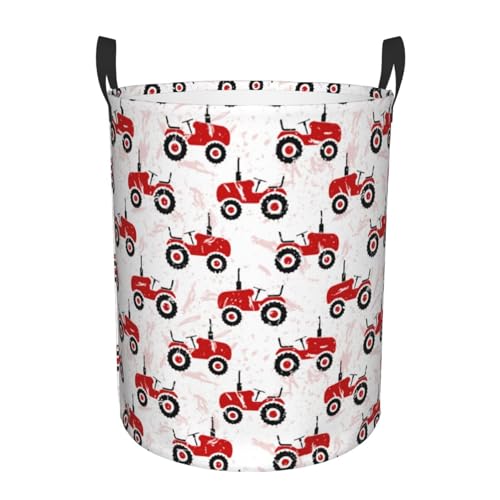 Kuilepa Red Wheeled Tractors Print Laundry Basket Circular Laundry Hamper With Handles Waterproof Dirty Clothes Storage Basket For Bedroom Bathroom Dorm Living Room-Medium