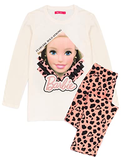 Barbie Pajamas Girls Kids Snug Fit Doll Cream T-Shirt & Leggings Pjs