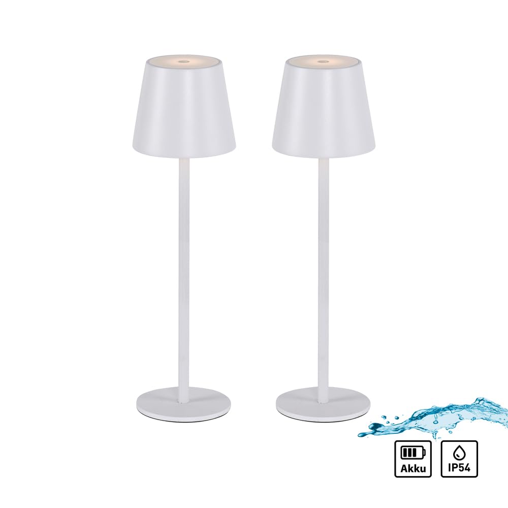 Just Light. LED Tischleuchte 2er SET, Weiß, Akku USB, Touchdimmer Dimmbar | IP54 Außen, Garten/Camping/Balkon/Terrasse, Metall/Kunststoff