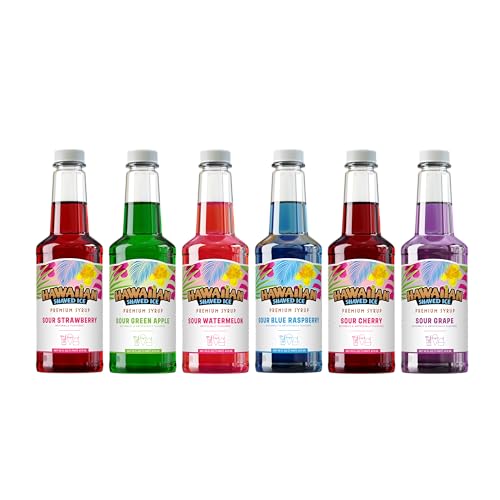 Hawaiian Shaved Ice Syrup Pint 6-pack, Sour Cherry, Sour Grape, Sour Blue Raspberry, Sour Green Apple, Sour Watermelon, & Sour Strawberry for Slushies, Italian Soda, Seltzers, Popsicles, and More