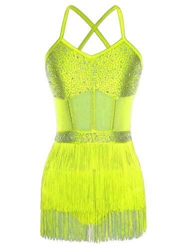 RUNQHUI Femme Justaucorps Gymnastique Frangé Strass Body Patinage Artistique Tenue Danse Latine Costume Spectacle Jaune fluo M