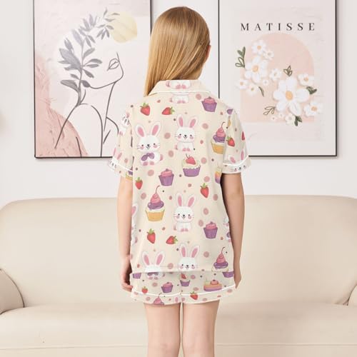 ALAZA Rabbit Bunny Strawberry Cake Pajamas Satin Pajama Set Short Sleeve Button Down Sleepwear4