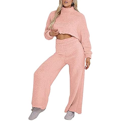 Jumpsuit Women 2 Pieces Jumpsuit Fleece Loungewear Long Sleeve Turtleneck Crop Top Straight Leg Pants High Waist, Pink, L Cover