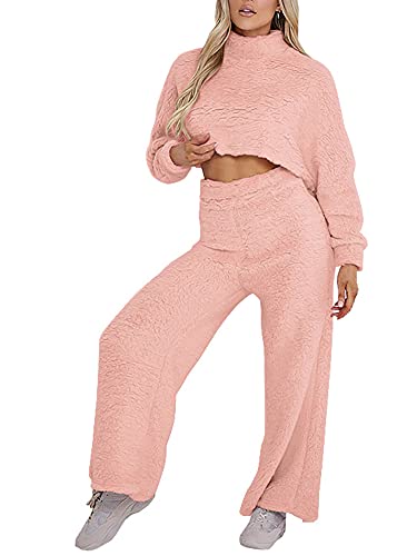Chándal para mujer de 2 piezas, de forro polar, de manga larga, con cintura alta, rosa, L Cover