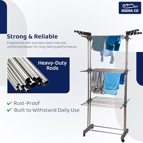 Image of GADDA CO Stainless Steel Double Pole 3 Layer Cloth Drying Stand with Hanger |Heavy Duty Rust-Proof Steel Clothes Drying Rack | Foldable Laundry Stand for Indoor & Outdoor Use | Grey -71 x 31 x 17 Inch