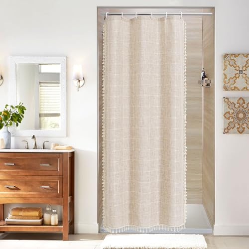 MitoVilla Boho Small Stall Shower Curtain 36 x 72, Tan Brown Half Size Narrow Cotton Linen Tassel Cloth Fabric Shower Curtains for Chic Modern Farmhouse Country Bathroom Decor