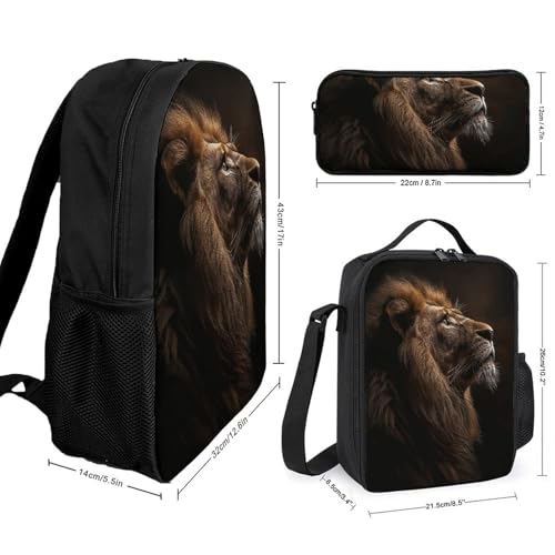 3 Piece Backpack for Women Men Lightweight Causal Daypack Shoulder Bag Set with Insulated Lunch Bag And Pencil Case Organizers The Lion Raises Its Head2