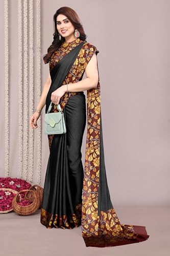 MIRCHI FASHION Women's Chiffon Ajrakh Border Pallu Pririnted Solid Saree with Blouse Piece