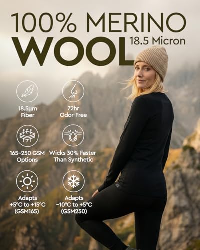 Image of MERINNOVATION Merino Wool Base Layer Set for Women 100% Merino Wool Thermal Underwear Sets Lite - Midweight Top Tank Bottom