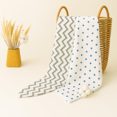 Image of Organic Cotton Muslin Pack of 2 Baby Bath Towel Cotton Cloth Premium Baby Washable, Reusable, Absorbent, Extra Soft 120 X 120 Cm Blue Dot & Grey Zig Zag