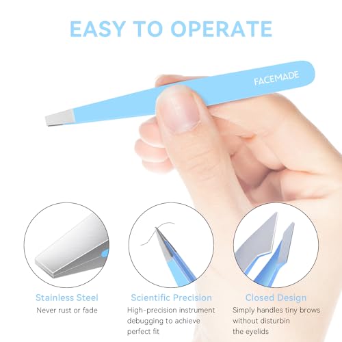 FACEMADE 4 Pack Tweezers Set - Professional Stainless Steel Tweezers for Men and Women, Precision Eyebrow Tweezers for Facial Hair, Chin, and Ingrown Hair Removal (Blue)
