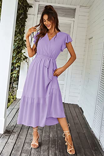 PRETTYGARDEN Women's Summer Floral Boho Maxi Dress Wrap Short Sleeve V Neck Ruffle A-Line Flowy Wedding Guest Long Dresses