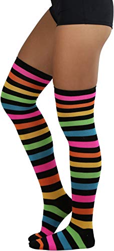 Image of ToBeInStyle Women's Bright Vibrant Rainbow Striped Thigh High Rave Stockings