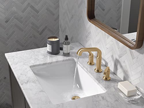 Delta Faucet Tetra Gold Widespread Bathroom Faucet 3 Hole, Gold Bathroom Faucet for Bathroom Sink, Bathroom Sink Faucet, Diamond Seal Technology, Metal Drain, Lumicoat Champagne Bronze 35589-CZ-PR-DST by DELTA - Used condition - Image 2