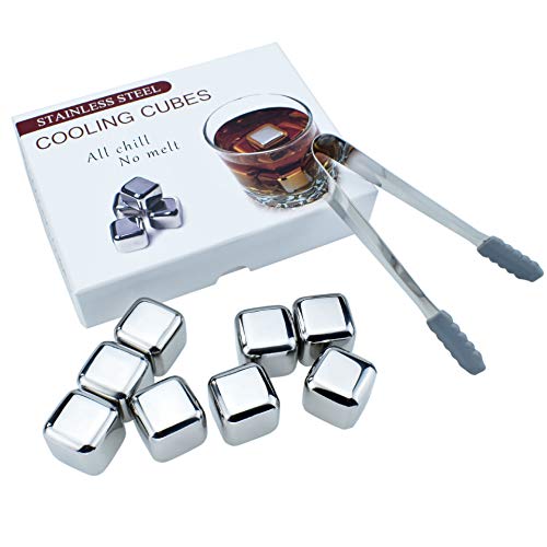 RUNZI Stainless Steel Chilling Cubes Reusable Ice Cube for Drinks with Ice Tongs,Whisky Stones Gift Pack of 8