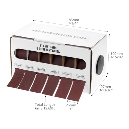 QWORK® Schleifpapier Rolle, 6 Rollen 2,5CM X 6M Schmirgelpapier, 80/150/240/320/400/600 Körnung, für Metall, Holz