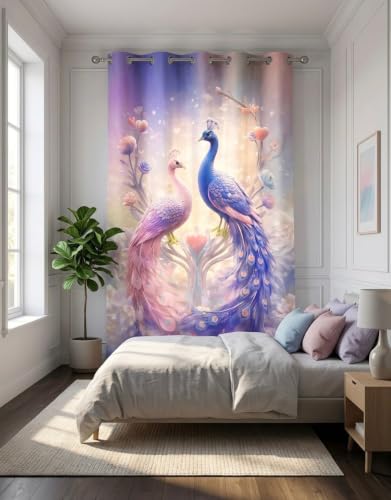 Image of Digital Printed Curtain with Pink Rose and Butterfly Design, 7 Feet, Grommet Top, White (2, Purple Mor, 7 Feet)
