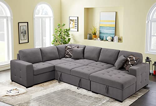 U-Shaped Oversized Polyester Sectional Sofa With Pull Out Sleeper Couch Bed & Storage Chaise Lounge, King Functional Sofá W/ 4 Pillows For Large Flat Mansion Villa Living Room Furniture Sets, Grey #TOP20