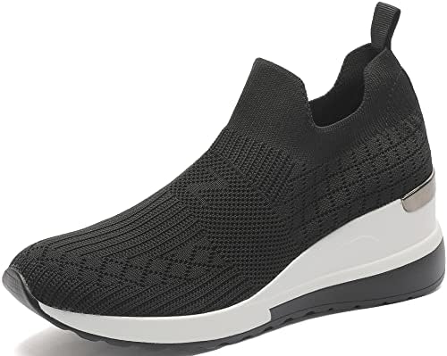 YZ High Heel Black Wedge Sneakers for Women Knit Upper Breathable Shoes (Black, 9)