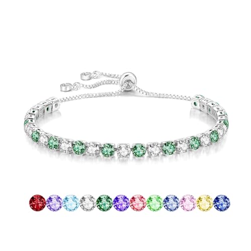 Mieoyue S925 Silver Bracelet for Women Adjustable Slider Crystal Tennis Bracelet Birthstone Jewellery Birthday Gifts (May)
