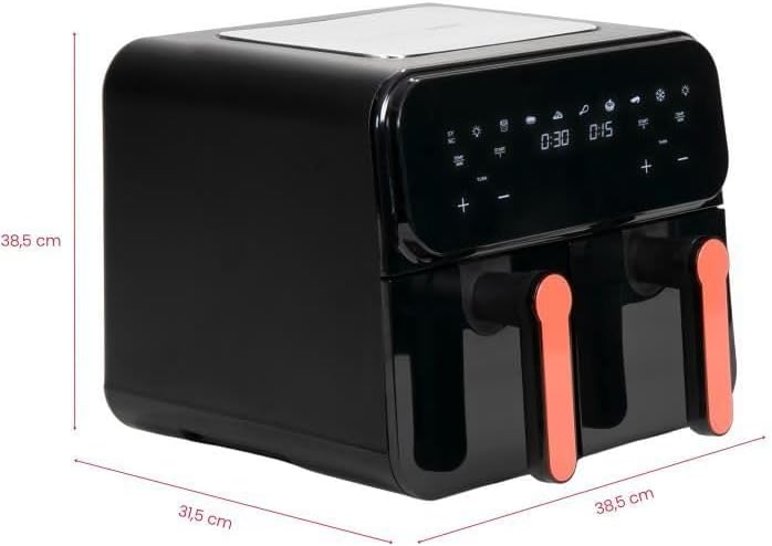LIVOO DOC316 Air Fryer with dimensions indicated: 38.5 cm width, 31.5 cm depth, 38.5 cm height.