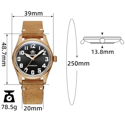 ADDIESDIVE Brązowy automatyczny zegarek vintage, BGW9 luminova, wodoodporny do 200 metrów, z zamszowym paskiem AD2114, czarny, 78,5 g