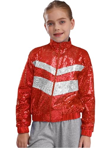 FEESHOW Kids Girls Boys Sequins Jacket Casual Bomber Jacket Zip up Coat Outwear for Hip Hop Jazz Dance Disco Party Wear